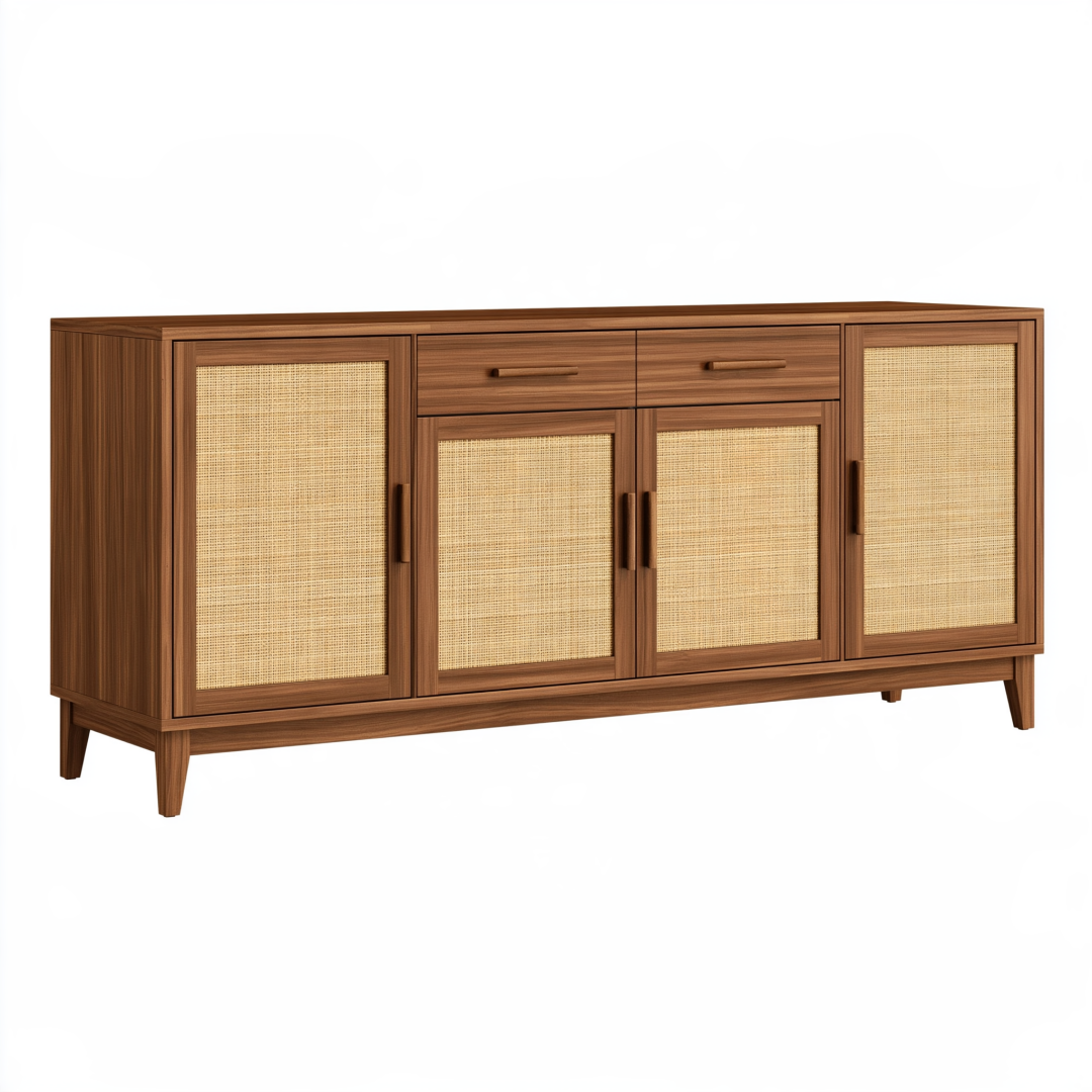 Buffet 180 x 40 x 85 cm en bois marron et cannage naturel style vintage pour rangement
