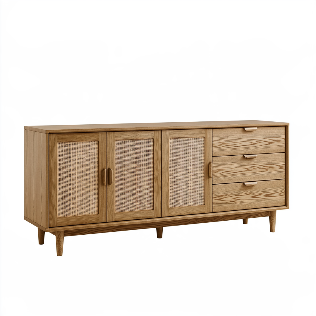 Buffet 160 x 40 x 75 cm en bois marron avec cannage et tiroirs style rétro