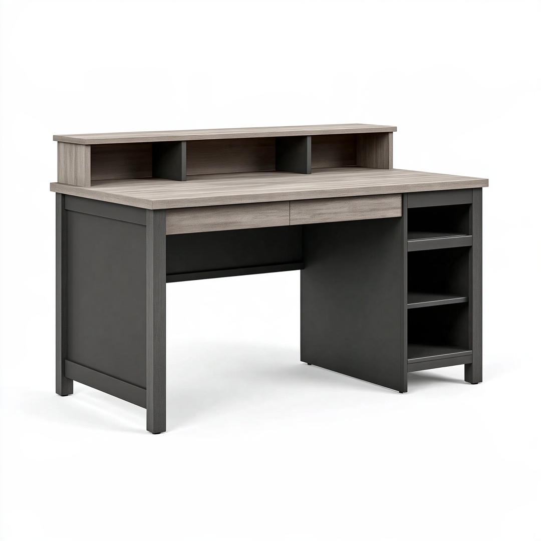 Bureau informatique 120 x 60 x 95 cm en panneaux effet chêne gris et noir avec tiroir et rangements