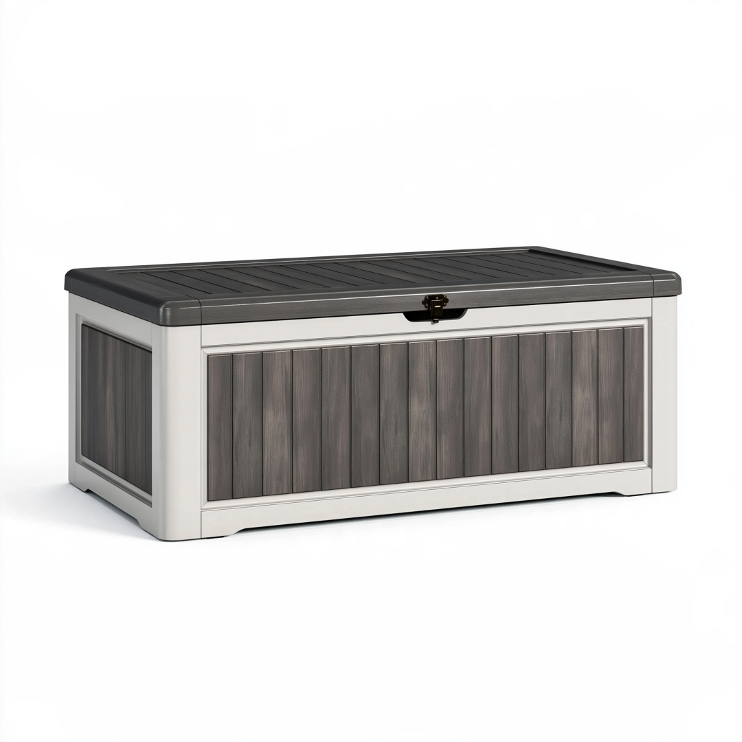 Coffre de rangement extérieur 120 cm en résine gris anthracite et blanc avec couvercle