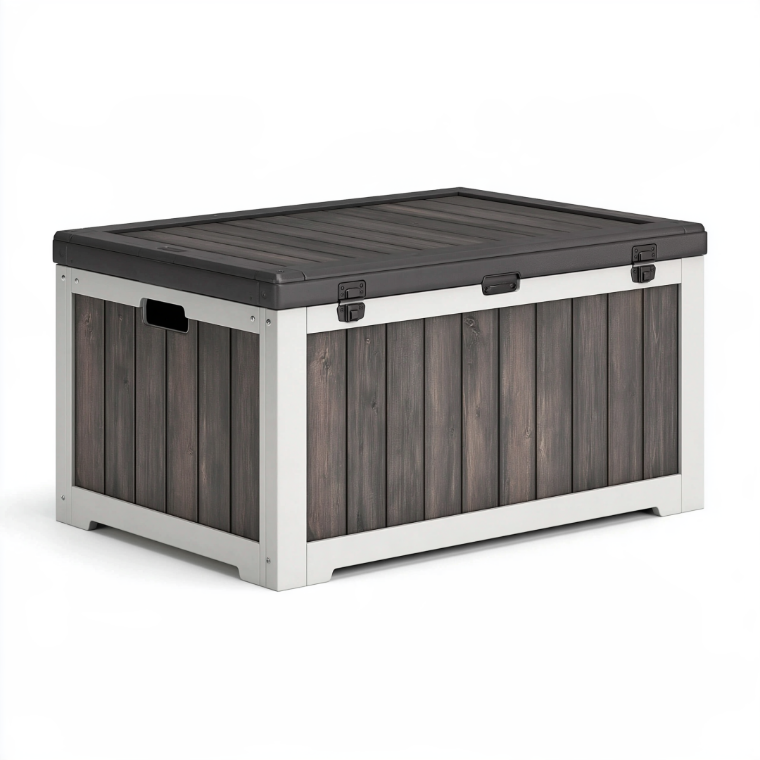 Coffre de rangement extérieur 130 x 70 x 70 cm en résine gris anthracite avec couvercle à fermetures