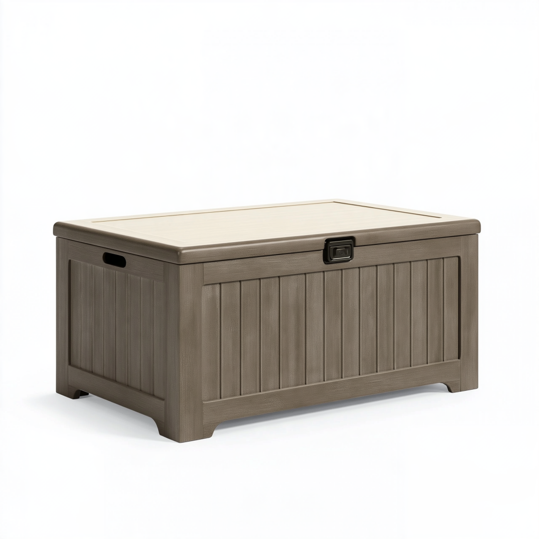 Coffre de rangement 120 x 55 x 65 cm en résine taupe et beige pour extérieur avec couvercle