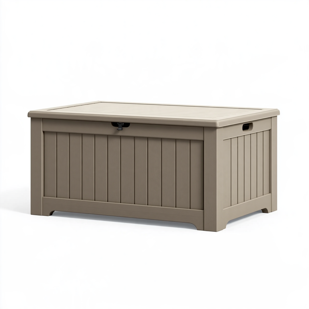 Coffre de rangement extérieur 120 x 55 x 60 cm en plastique taupe avec couvercle