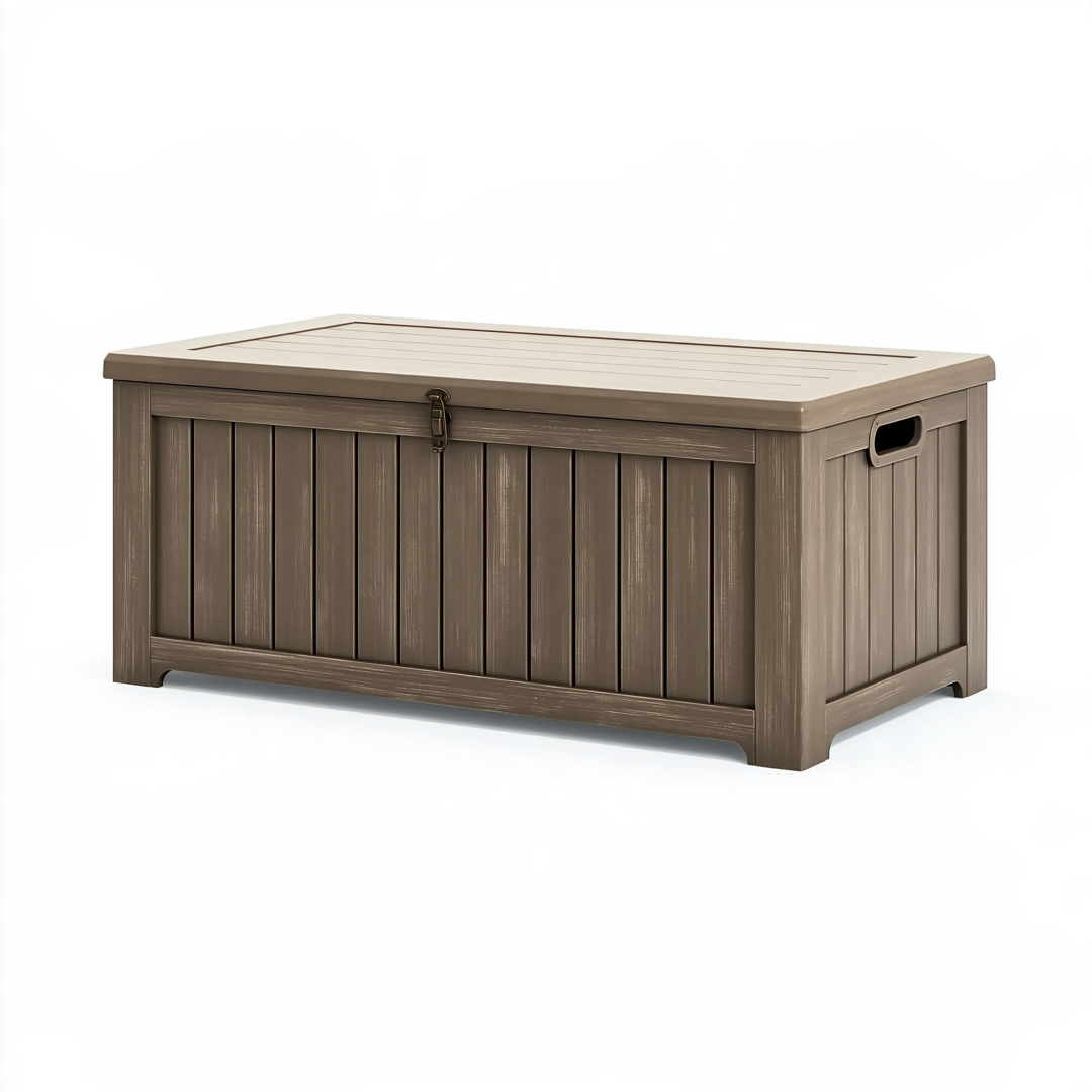Coffre de rangement extérieur 120 x 56 x 63 cm en résine taupe avec couvercle verrouillable