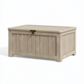 Coffre de rangement 100 x 50 x 55 cm en résine beige pour extérieur style bois avec couvercle