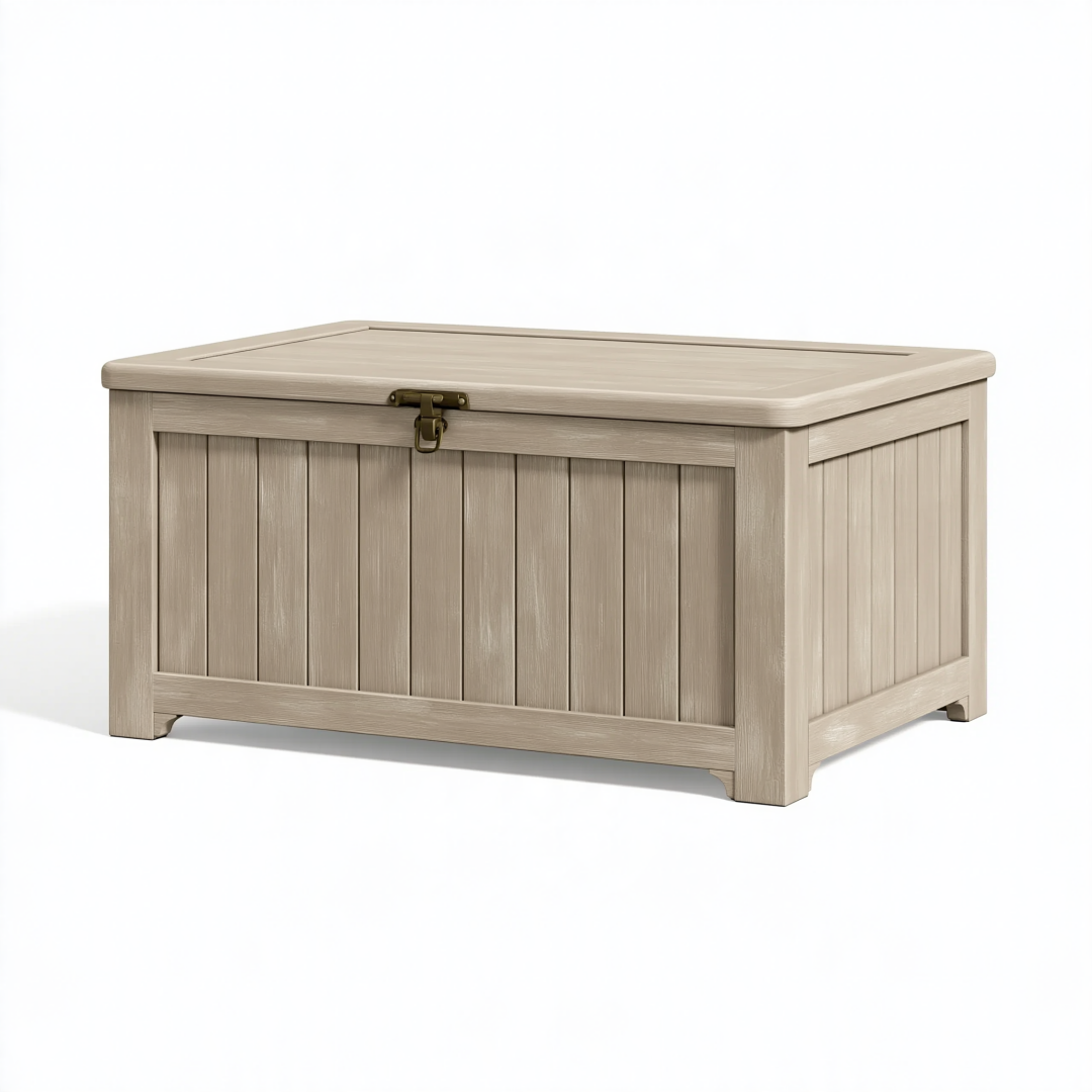 Coffre de rangement 100 x 50 x 55 cm en résine beige pour extérieur style bois avec couvercle