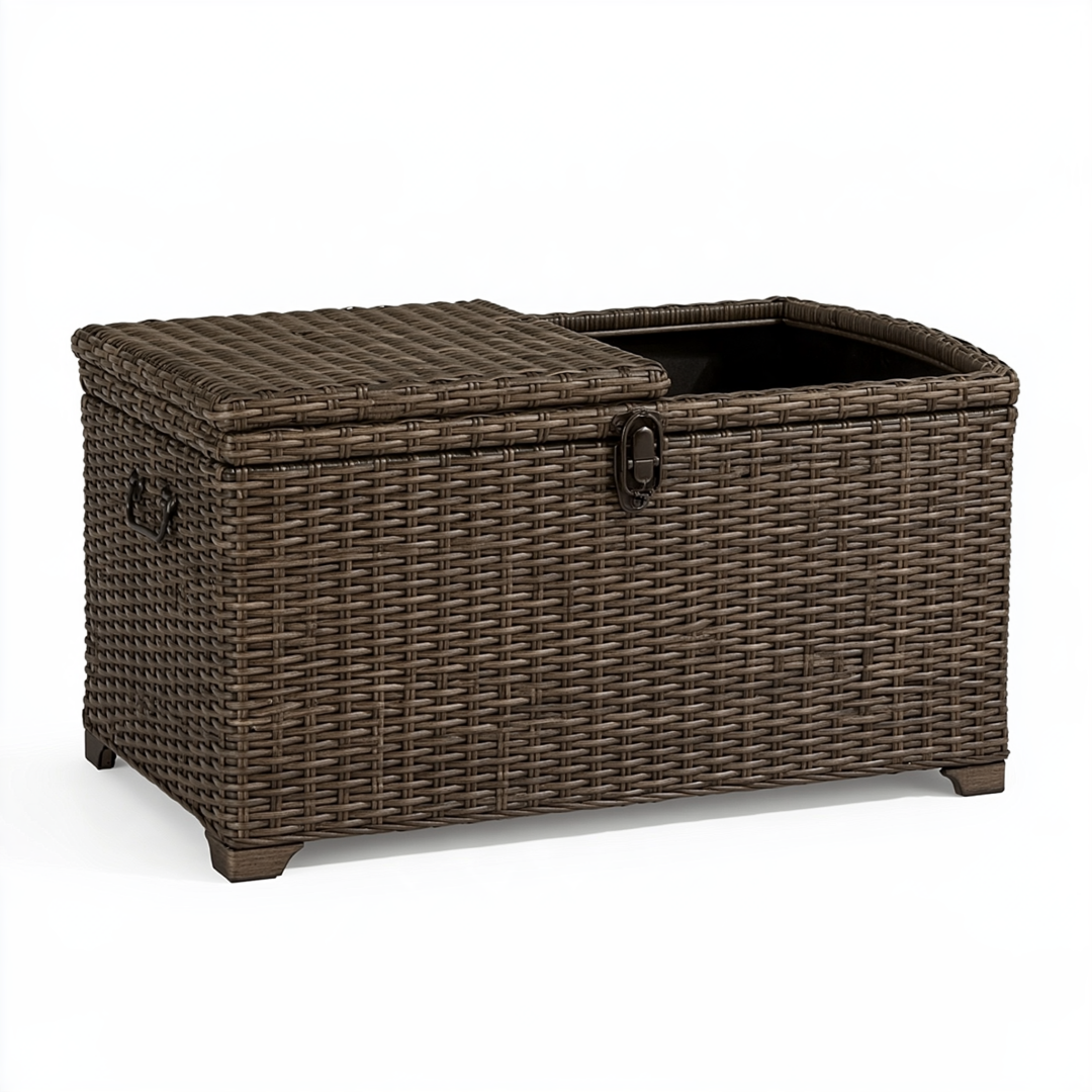 Coffre de rangement 100 x 50 x 50 cm en résine tressée marron avec couvercle