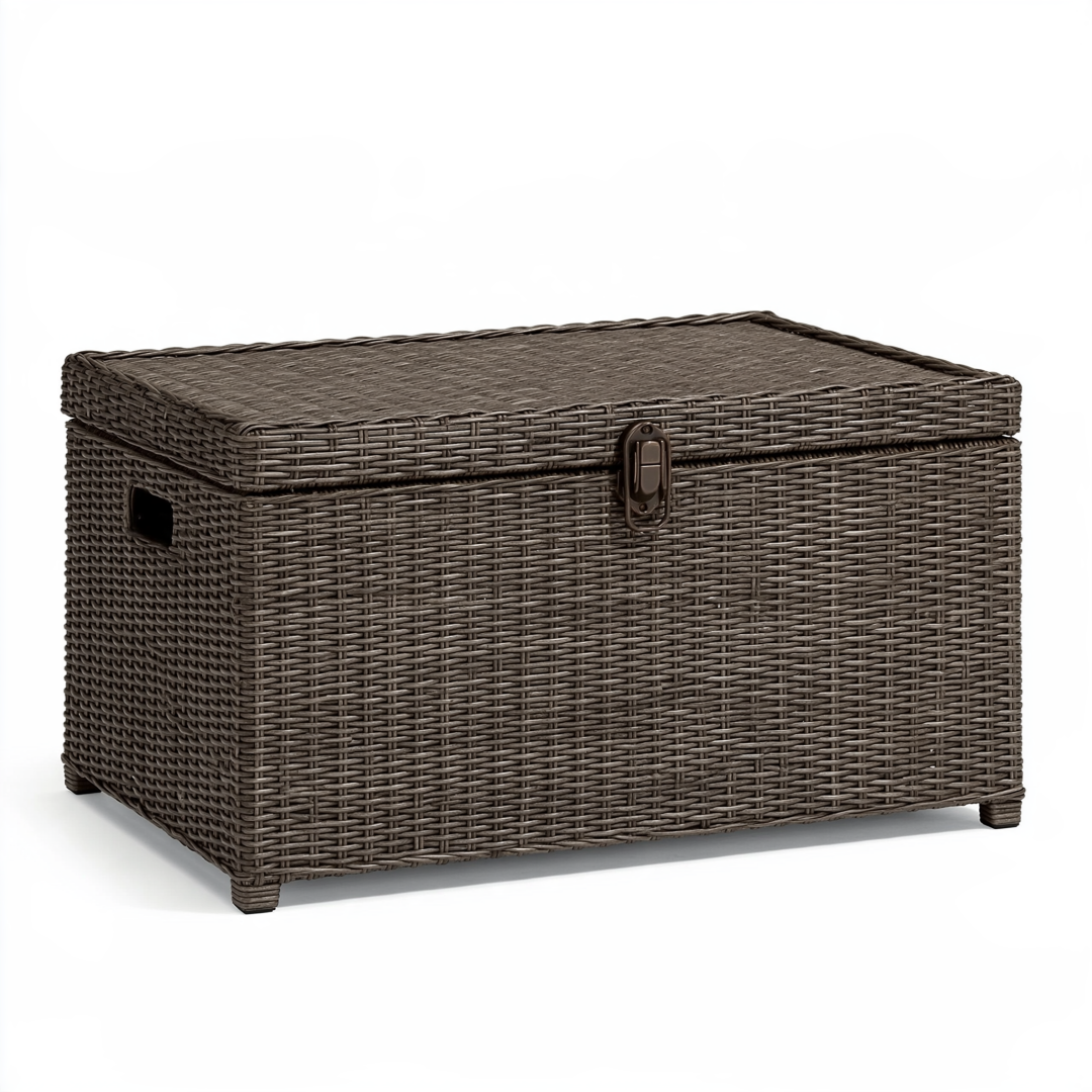 Coffre de rangement 100 x 50 x 50 cm en résine tressée marron avec couvercle style naturel