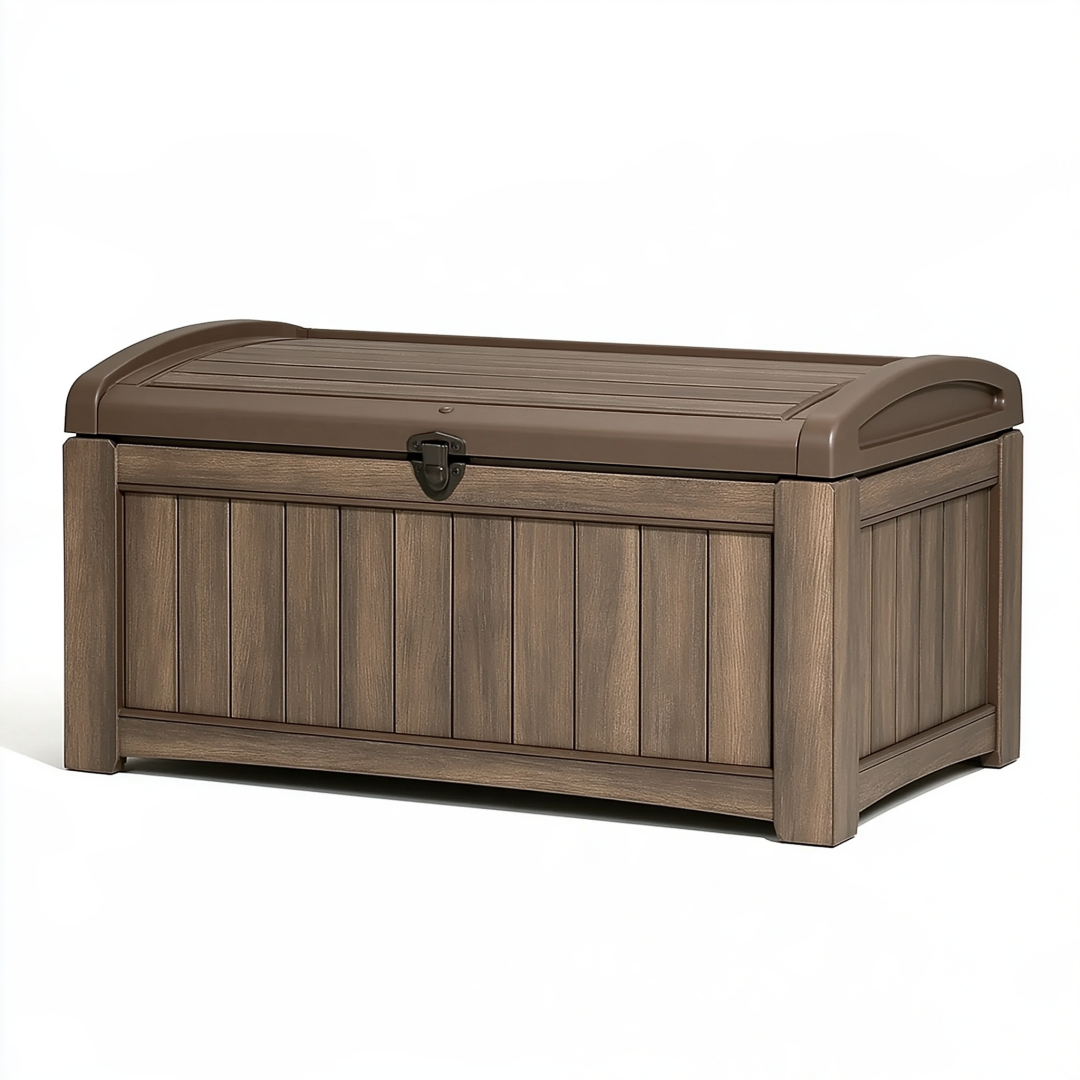 Coffre de rangement extérieur 120 x 56 x 63 cm en résine marron avec couvercle à loquet