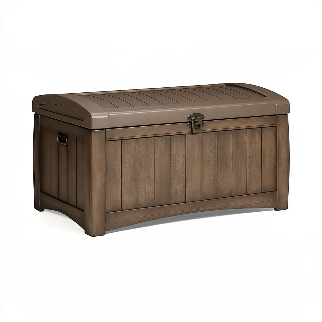 Coffre de rangement extérieur 120 x 60 x 63 cm en résine marron avec couvercle à loquet