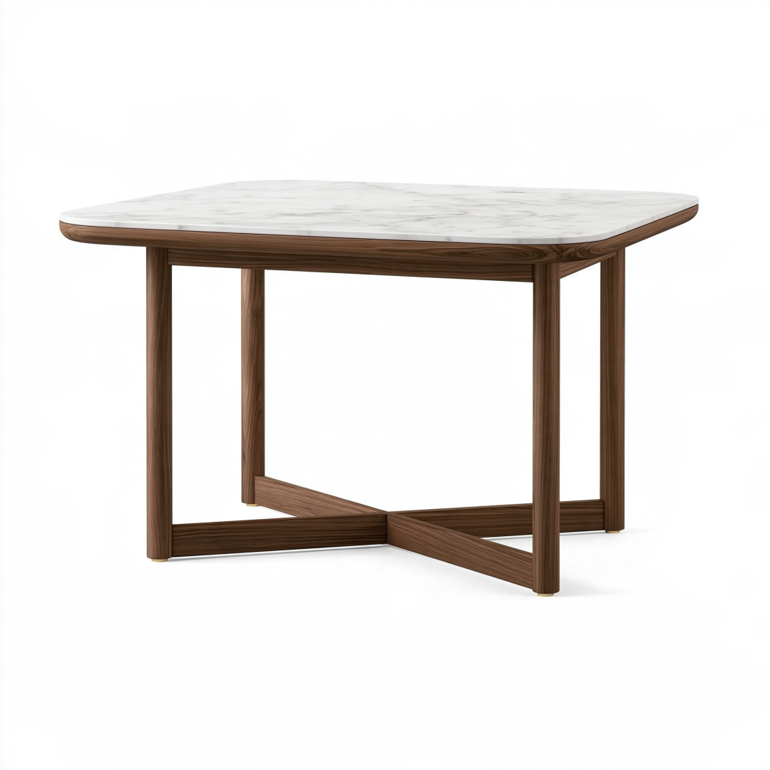 Table à manger 140 x 140 x 76 cm plateau effet marbre blanc structure bois brun style contemporain