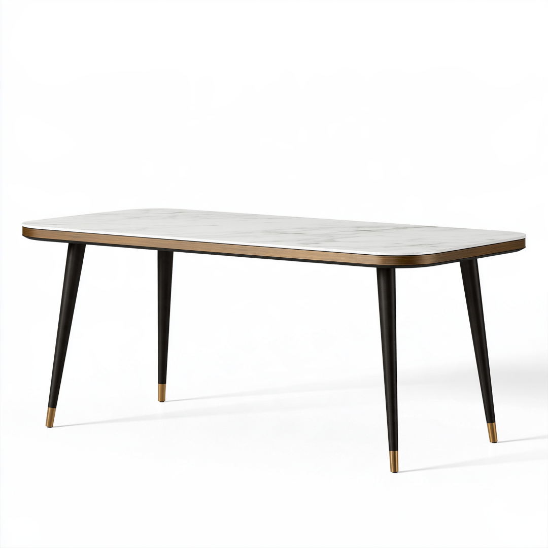 Table à manger 180 x 90 x 75 cm effet marbre blanc pieds noirs style contemporain