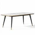 Table à manger 180 x 90 cm effet marbre blanc pieds noirs et dorés style contemporain