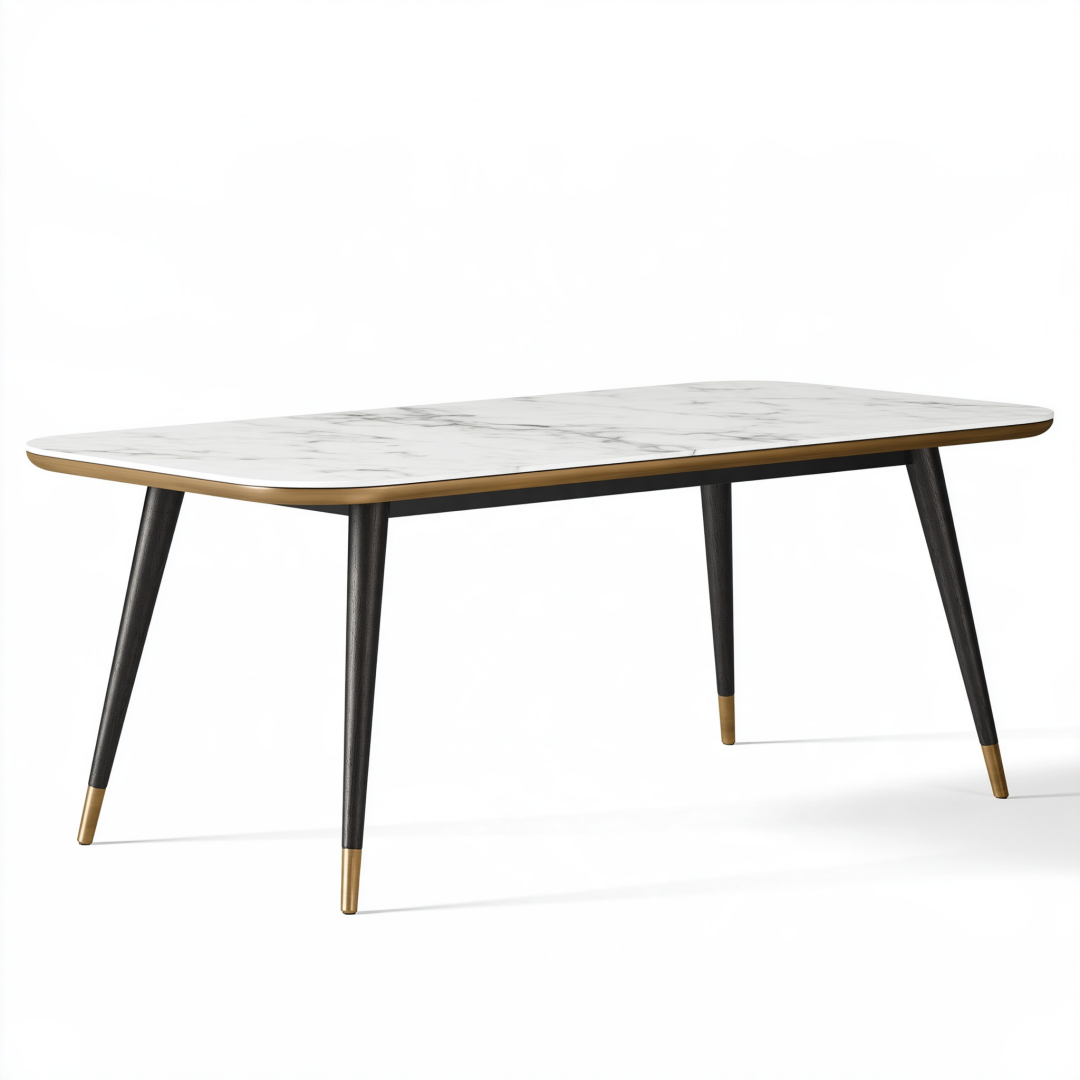 Table à manger 180 x 90 cm effet marbre blanc pieds noirs et dorés style contemporain