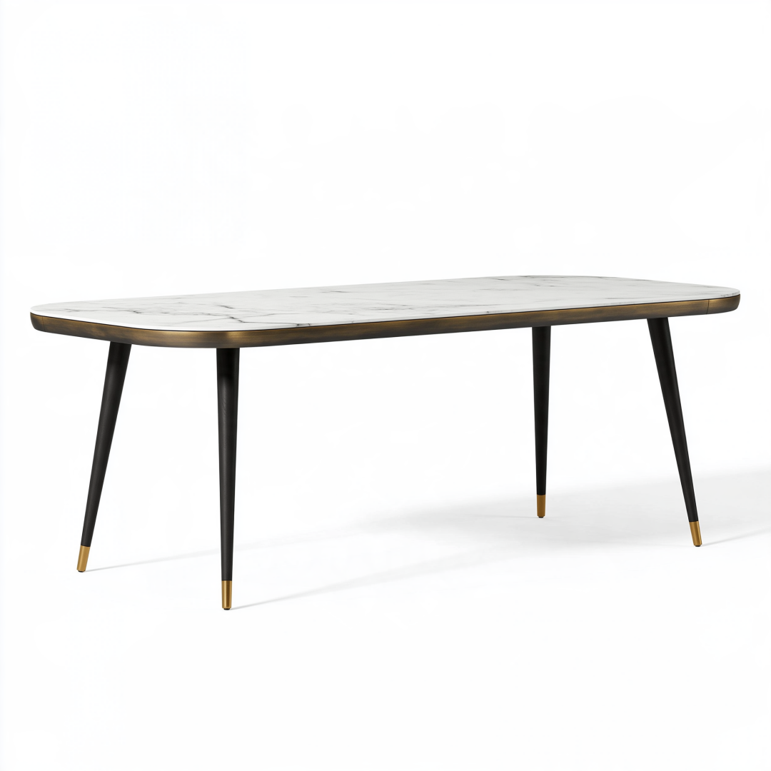 Table à manger 180 x 90 x 75 cm plateau aspect marbre blanc pieds métal noir style contemporain